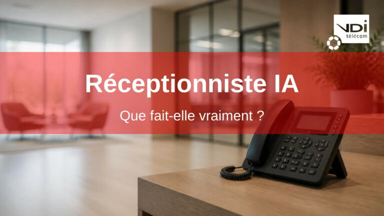 Téléphone IP posé sur le comptoir d'accueil d'un bureau d'entreprise