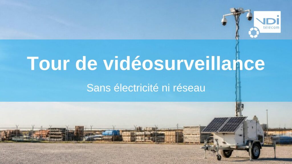 Tour de vidéosurveillance mobile sur remorque, mât télescopique et panneaux solaires, sur un site de stockage
